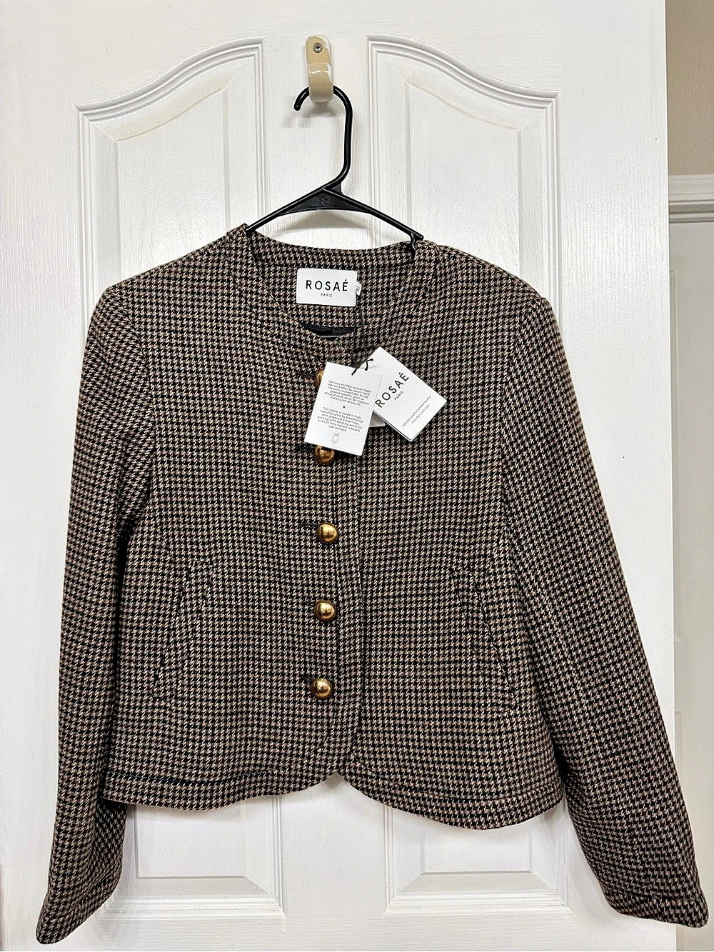 ROSAÉ Paris REF: Veste Le Nicomede Houndstooth Cropped Jacket in Brown & Black S